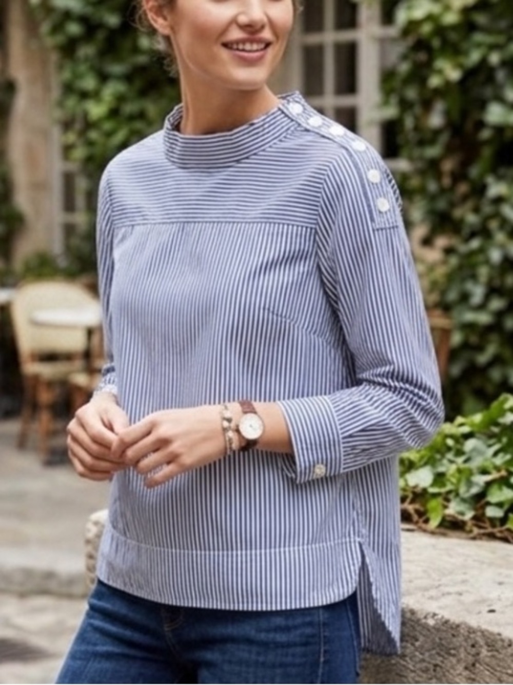 J.Crew Blue & White Striped Cotton Poplin Shell Top Shoulder Button Detail 0